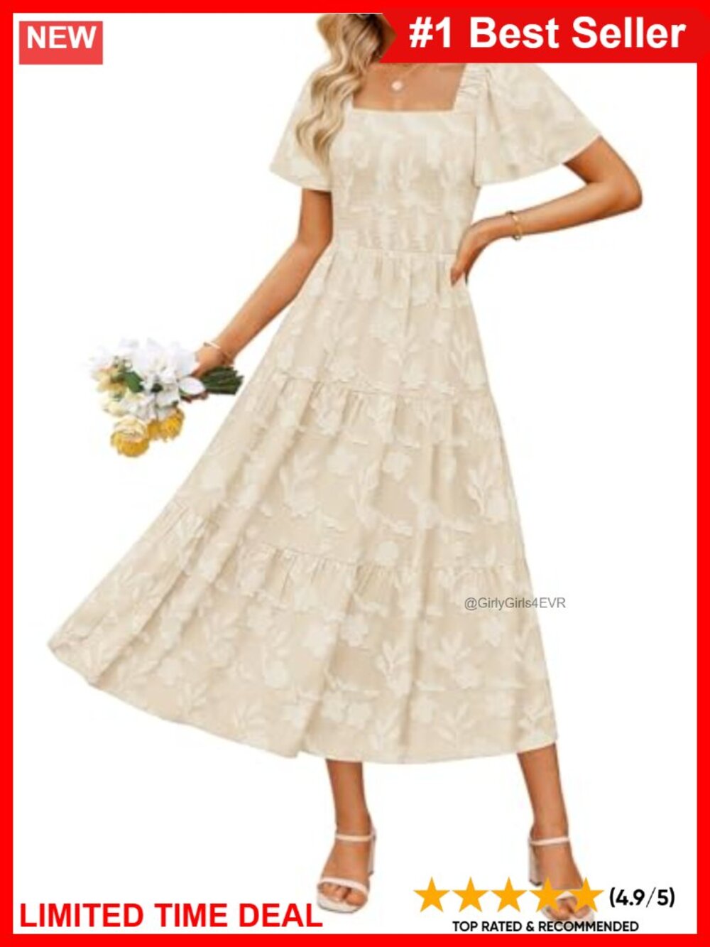 Boho Floral Midi Dress Square Neck Short Sleeve Summer Wedding Guest